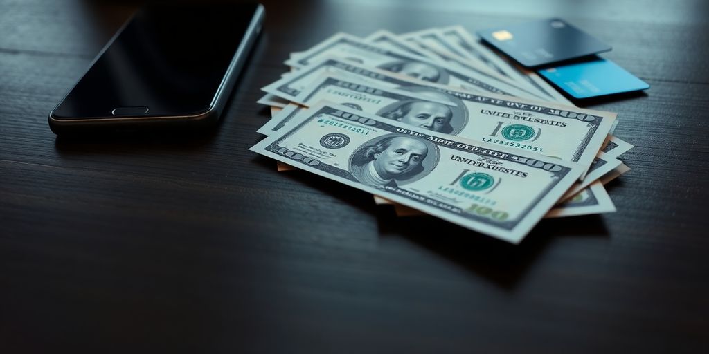 Cash next to phone and credit cards.