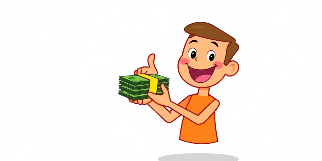 Cartoon hands holding cash, bad credit loan approved.