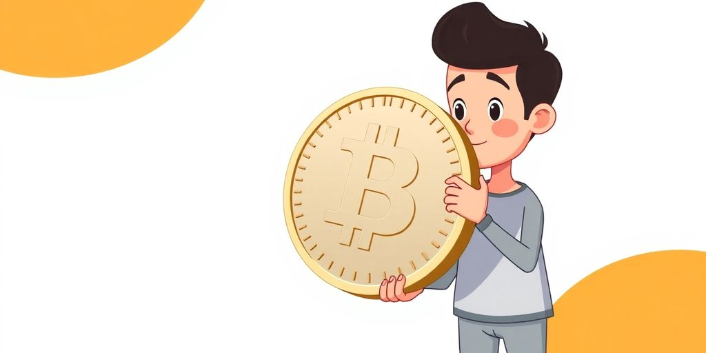 Cartoon person holds large coin, looks thoughtful.