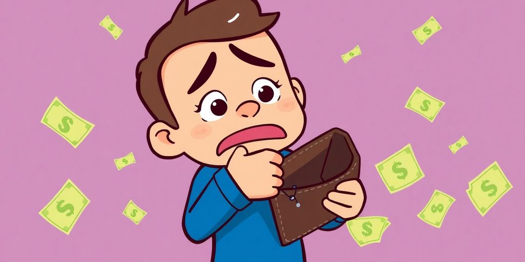 Cartoon character looking worried at an empty wallet.