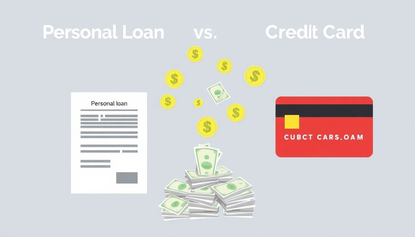Personal loan document versus credit card with money flowing between them.