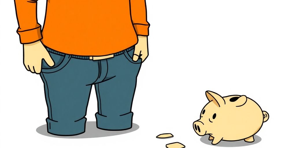 Empty pockets, sad person, broken piggy bank