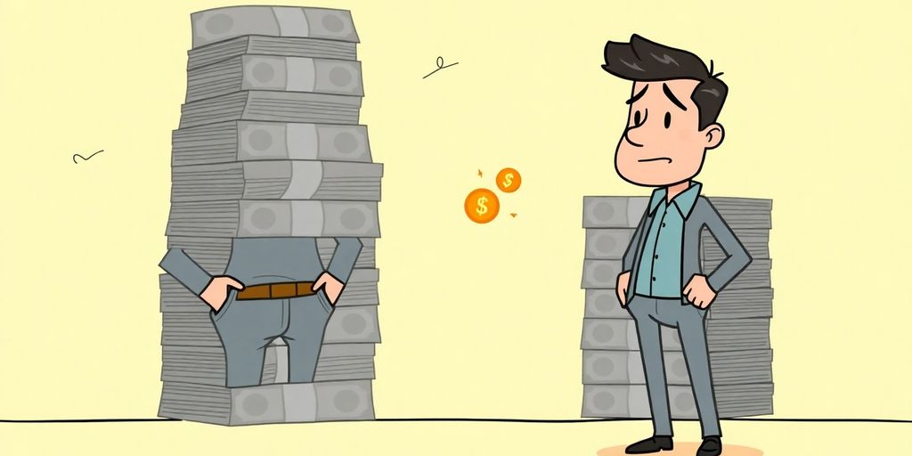 Cartoon man struggles with large debt.