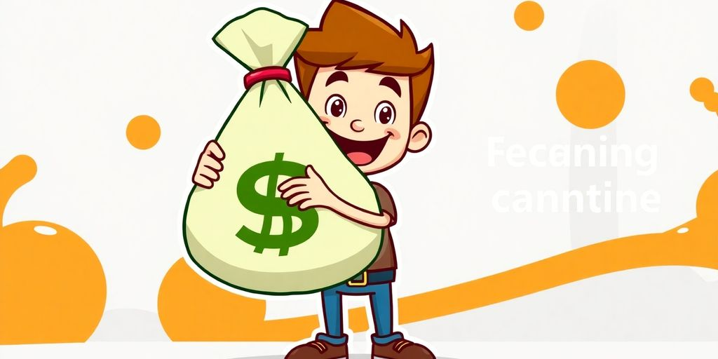 Cartoon person receiving a cash bag from a smartphone.