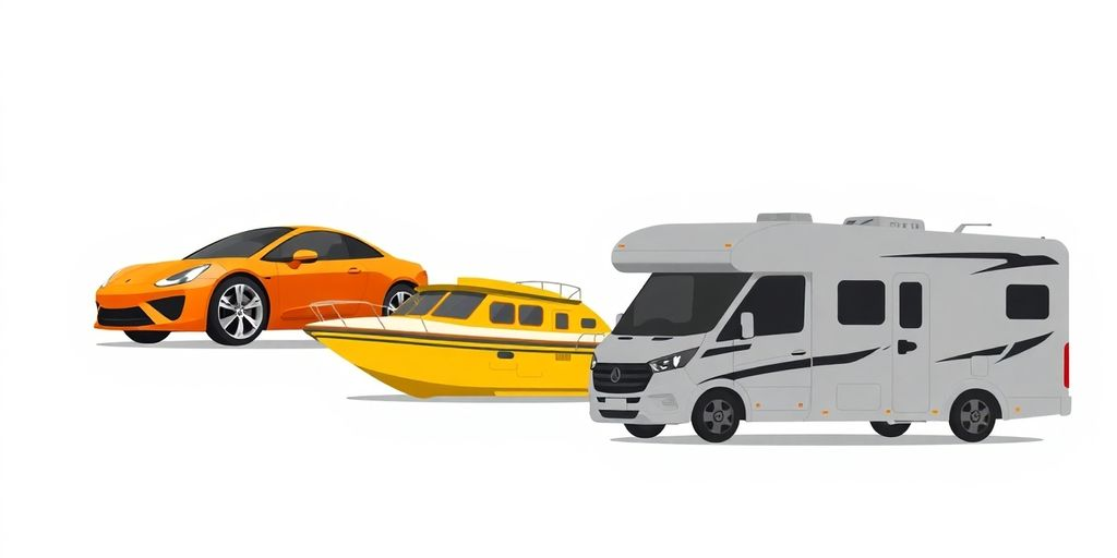 Car, boat, and RV with orange and yellow accents.