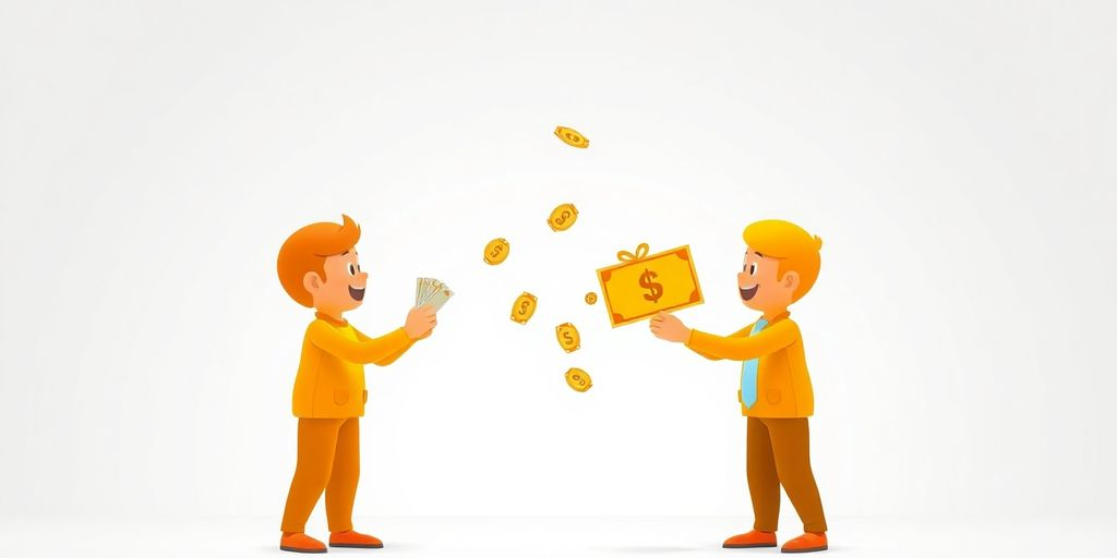 Cartoon hands exchanging money between two people.