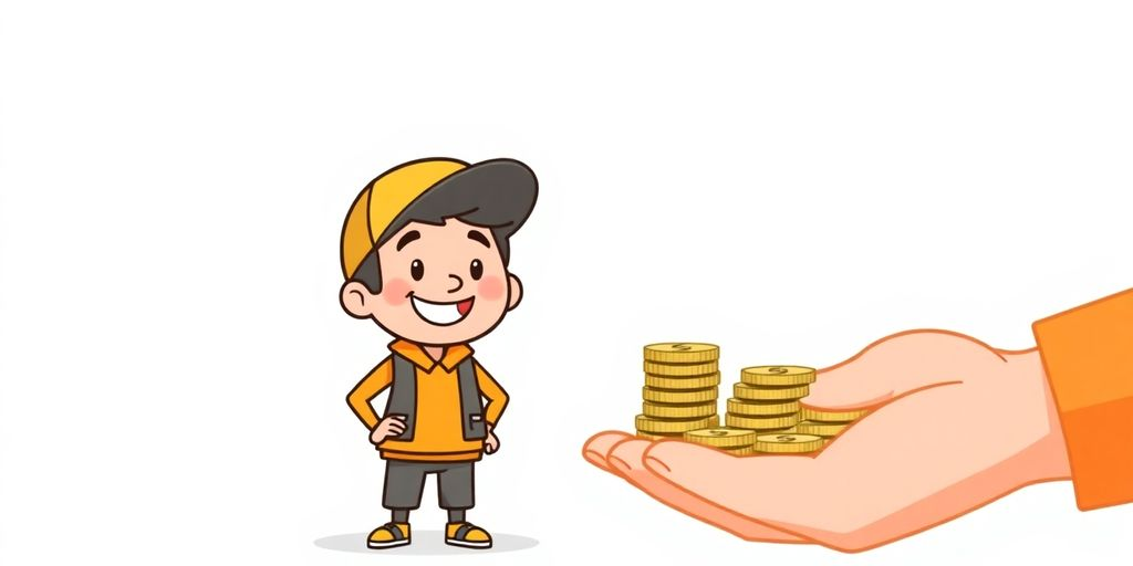 Cartoon hand giving money to a small business owner.