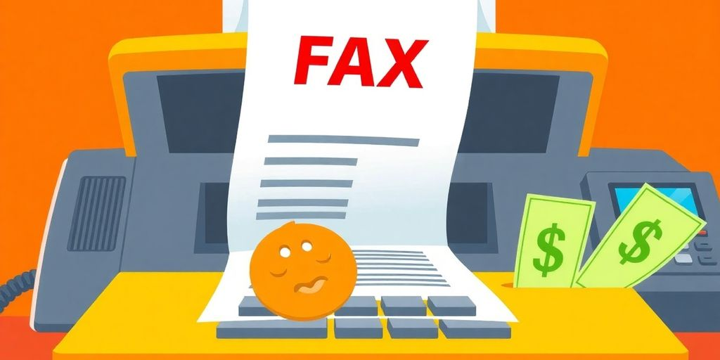 Cartoon document with fax machine and money.