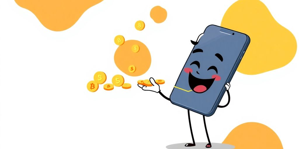 Cartoon character receiving money from a smartphone.