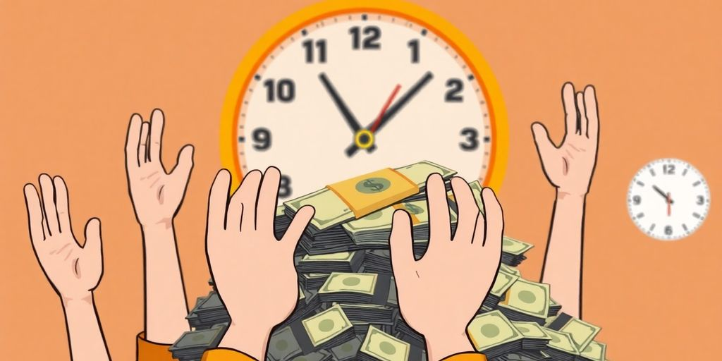 Cartoon hands holding a stack of money.