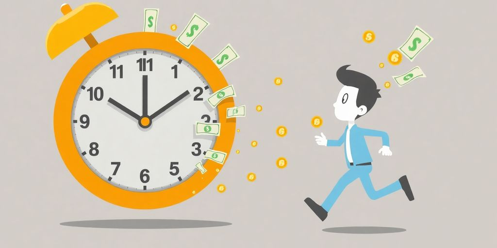 Clock with cash and a person running.