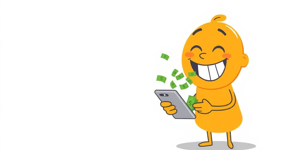 Cartoon hand giving money from a smartphone.