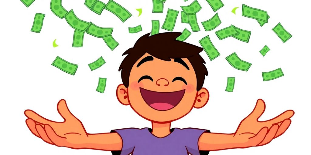 Money falling, happy person, bright colors.