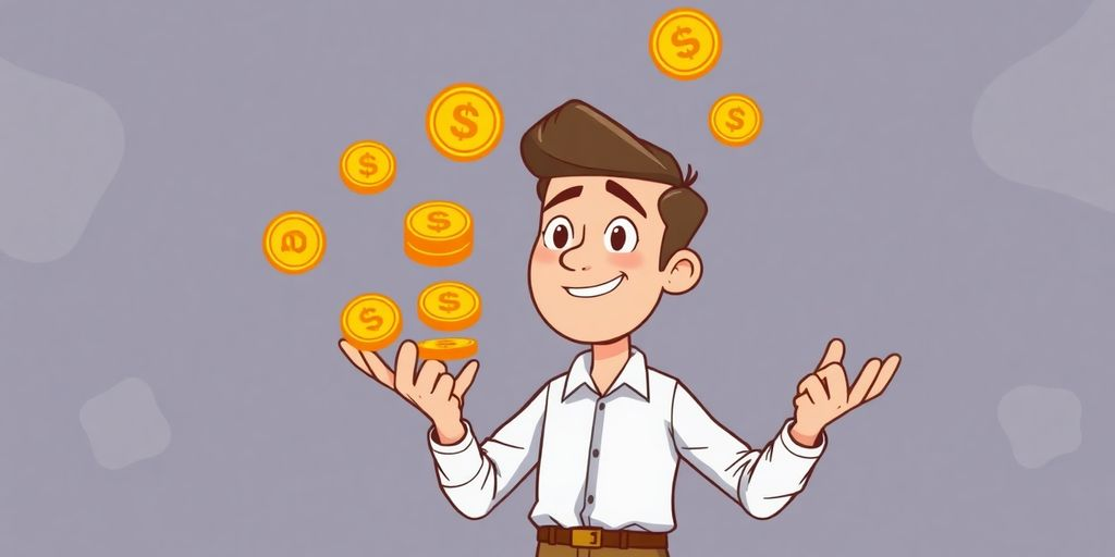 Cartoon person juggling cash and invoices.