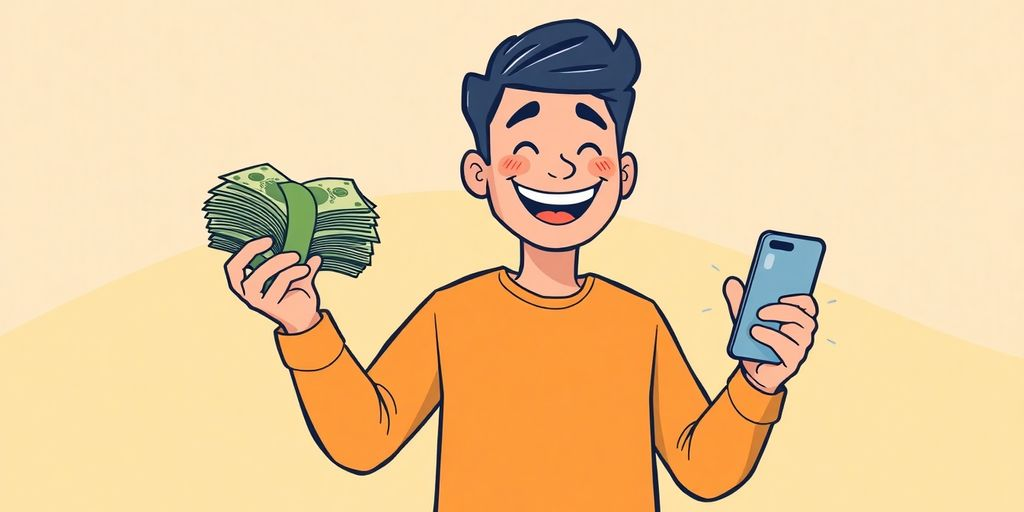 Cartoon man holding money, no denial payday loan concept.