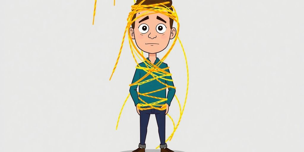 Cartoon man entangled in debt.