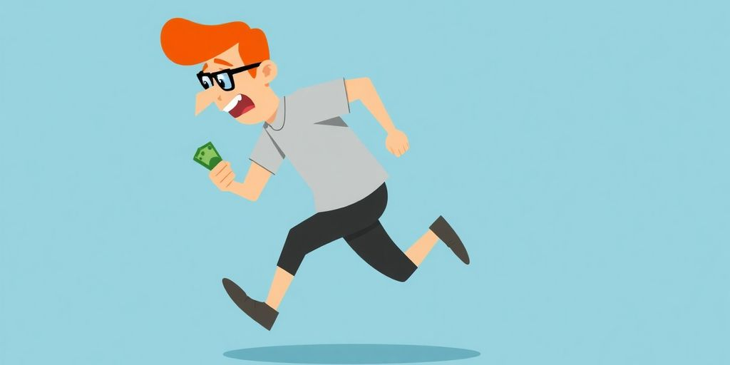 Person running with cash, cartoon style