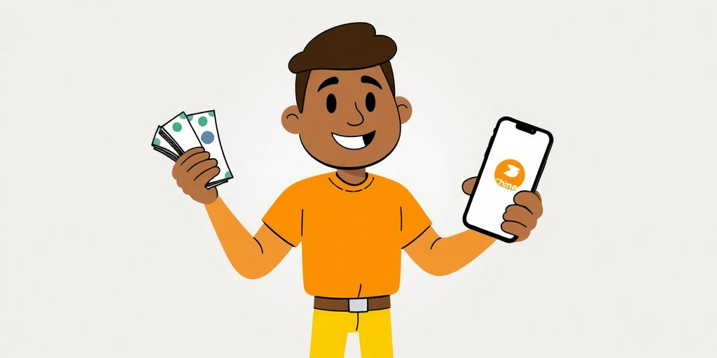 Cartoon character holding money, smartphone