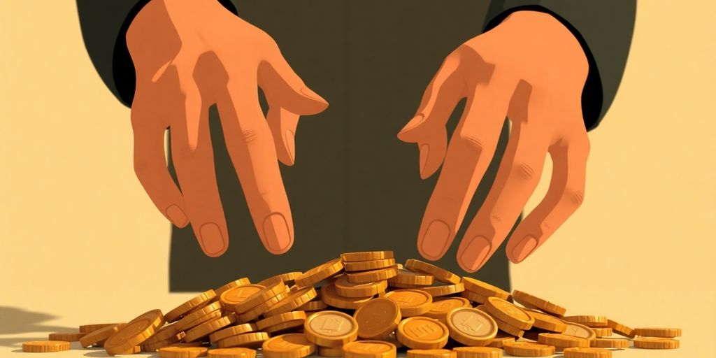 Cartoon hands holding money, breaking a chain.