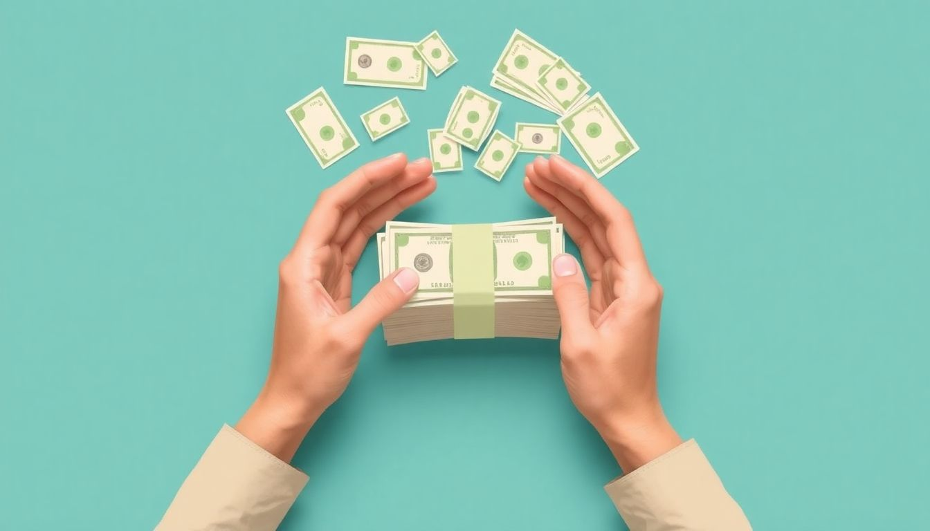 Hands sorting and organizing scattered bills into a single, neat pile.