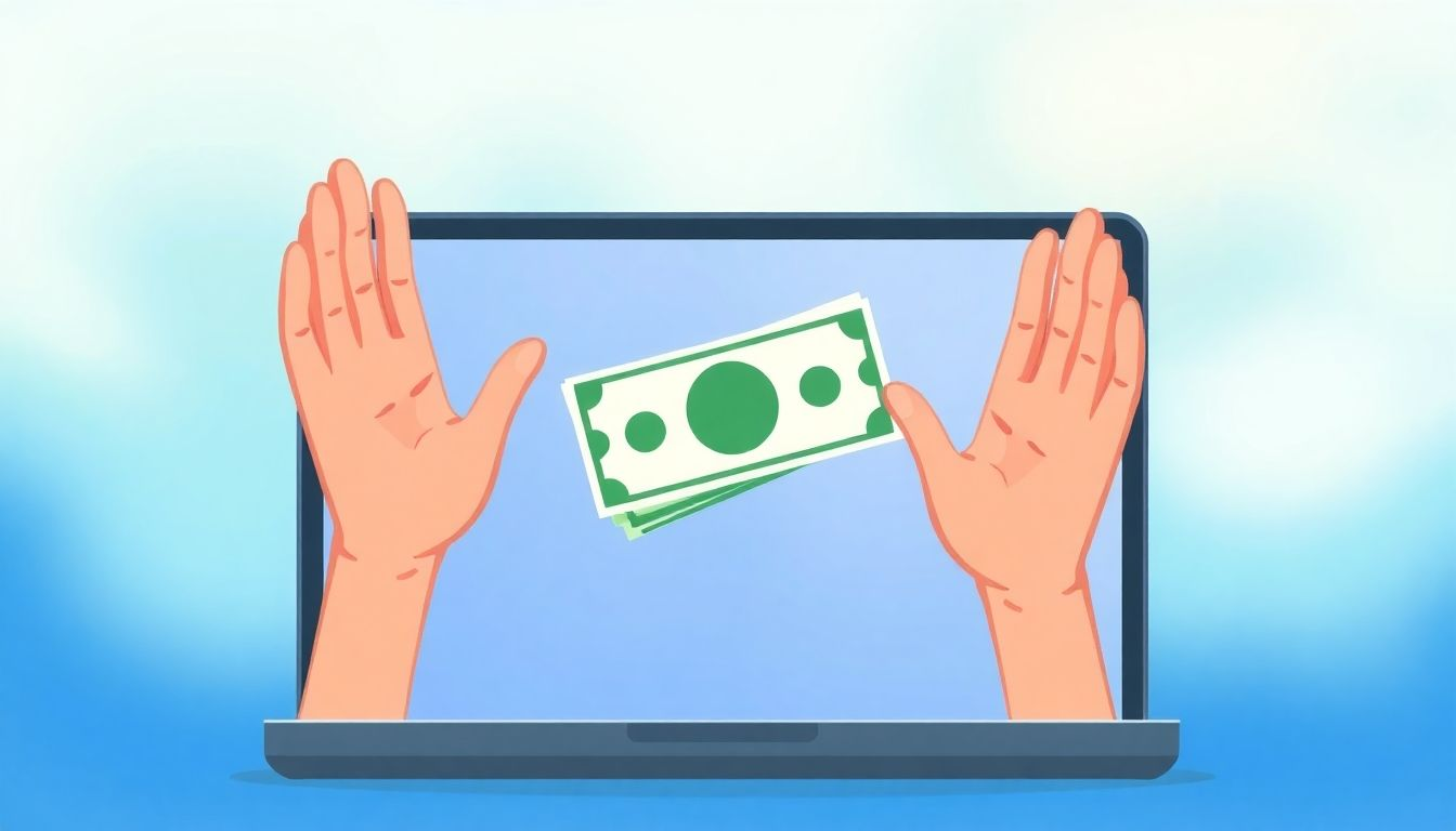 Person happily receiving money from a laptop.