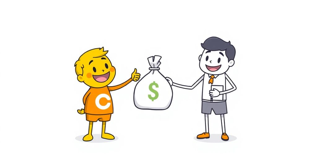 Cartoon startup business receiving a loan.