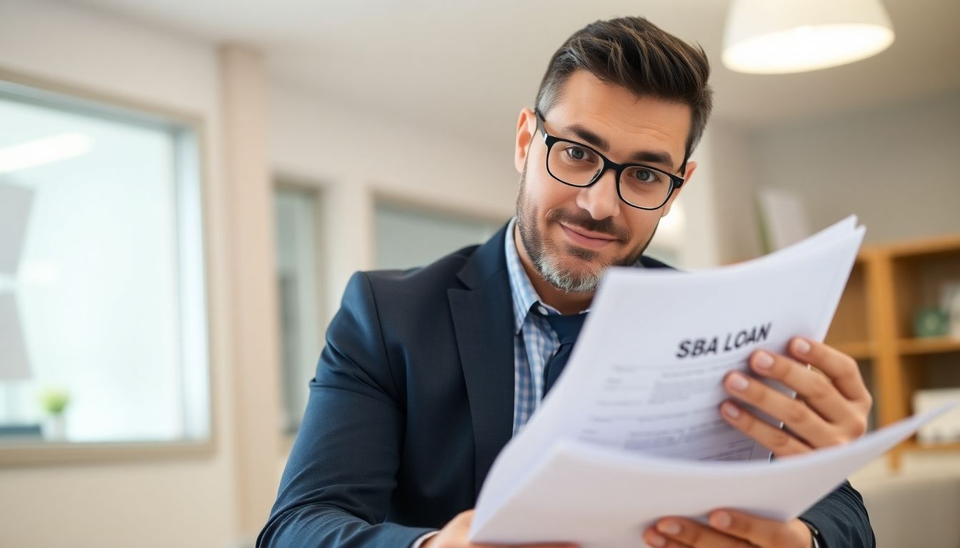 Business owner reviewing SBA loan documents with a positive outlook.