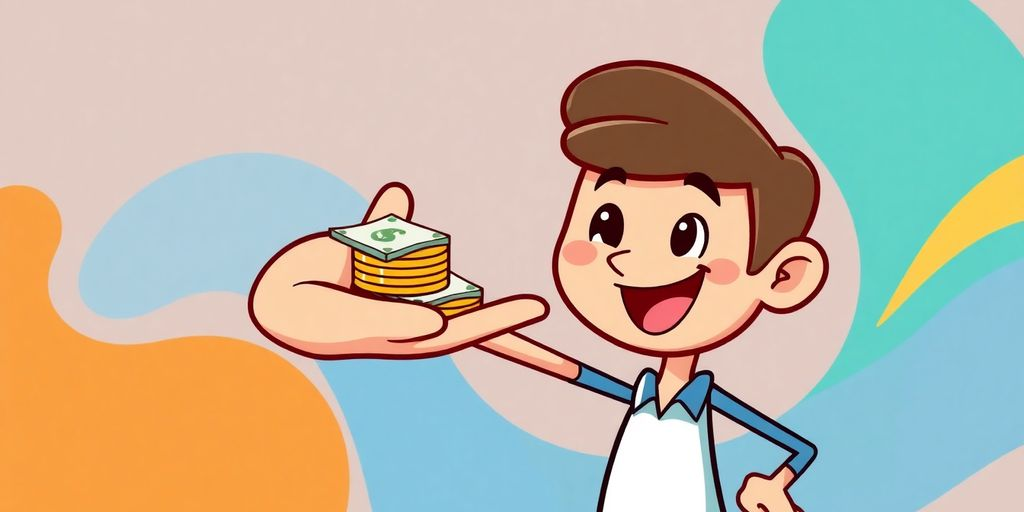 Cartoon hands holding a pile of coins and bills.