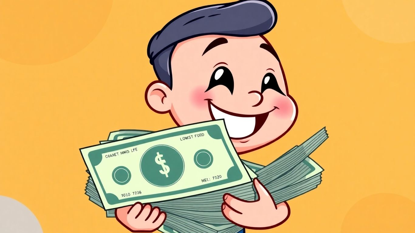 Cartoon character holding a stack of money.
