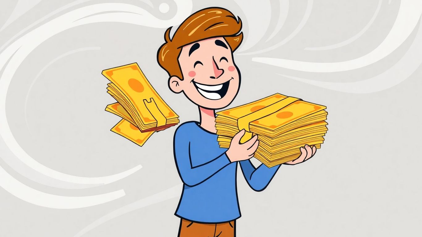 Person holding stack of money, cartoon style