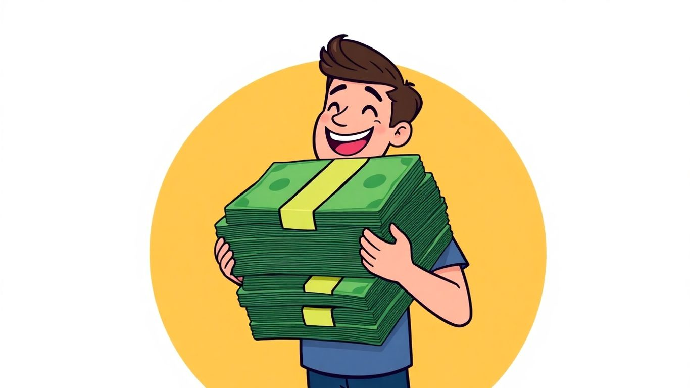 Person happily holding cash with orange and yellow background.