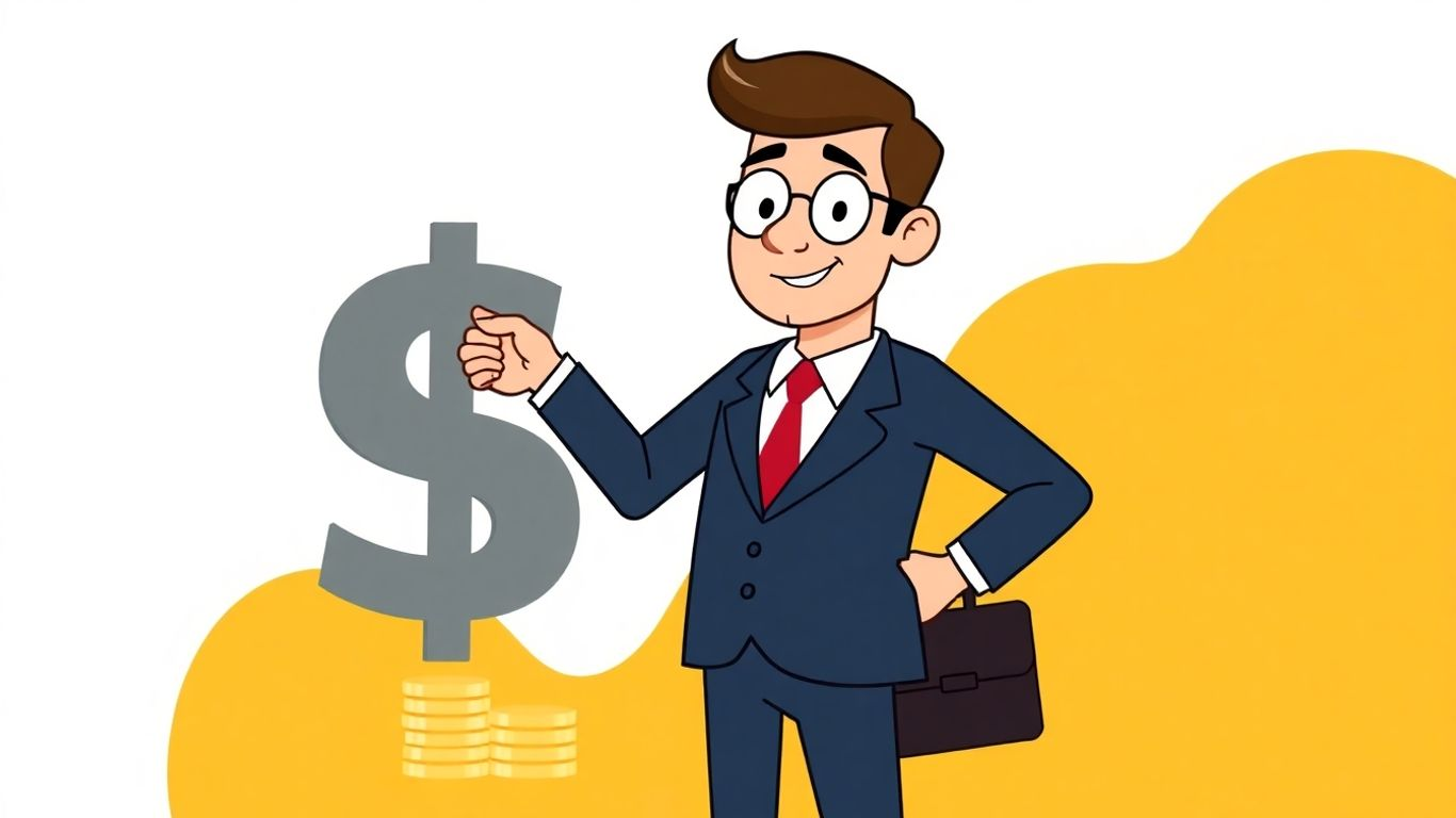 Cartoon businessman with dollar sign and coins.