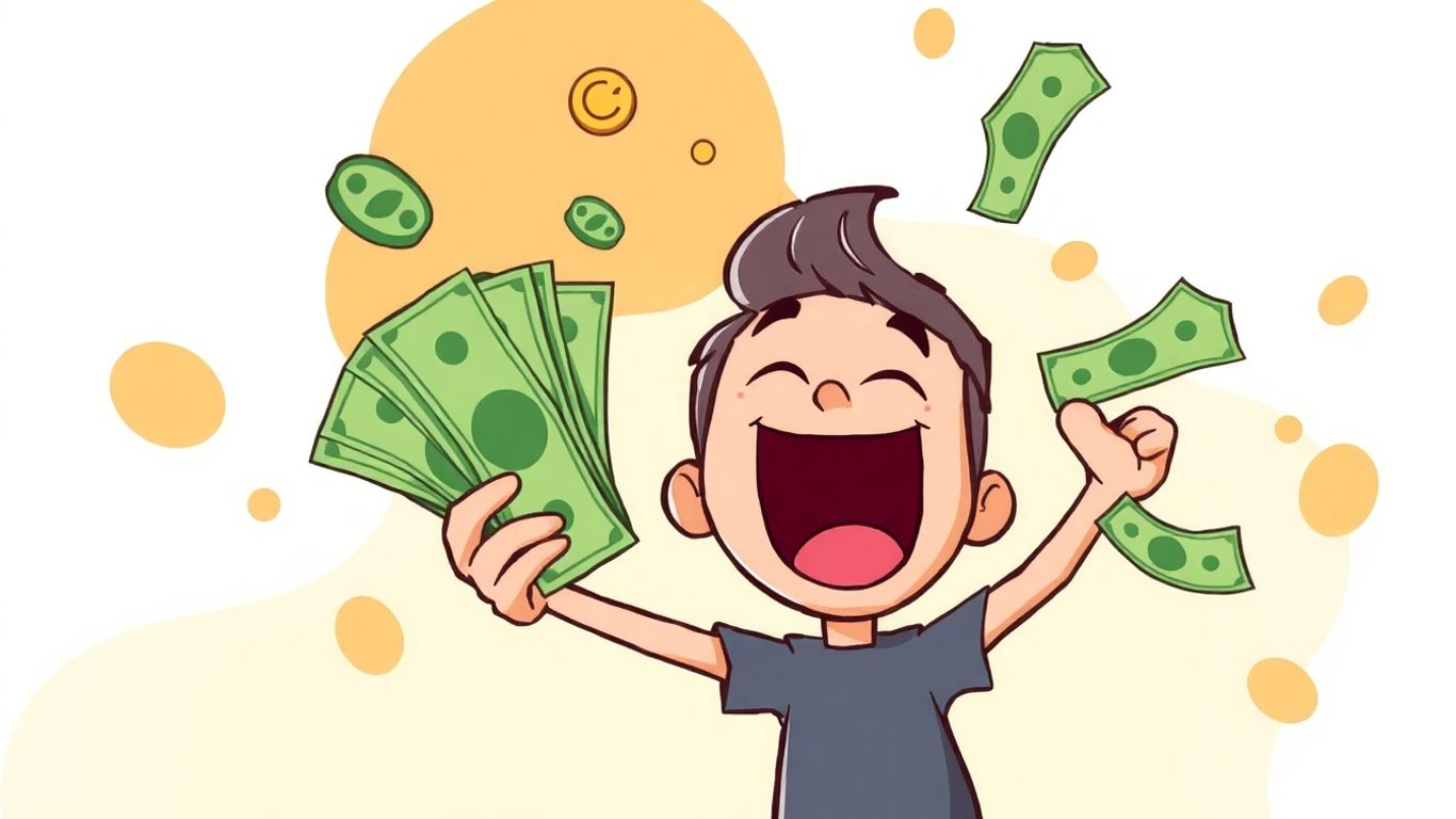 Cartoon character happily holding money