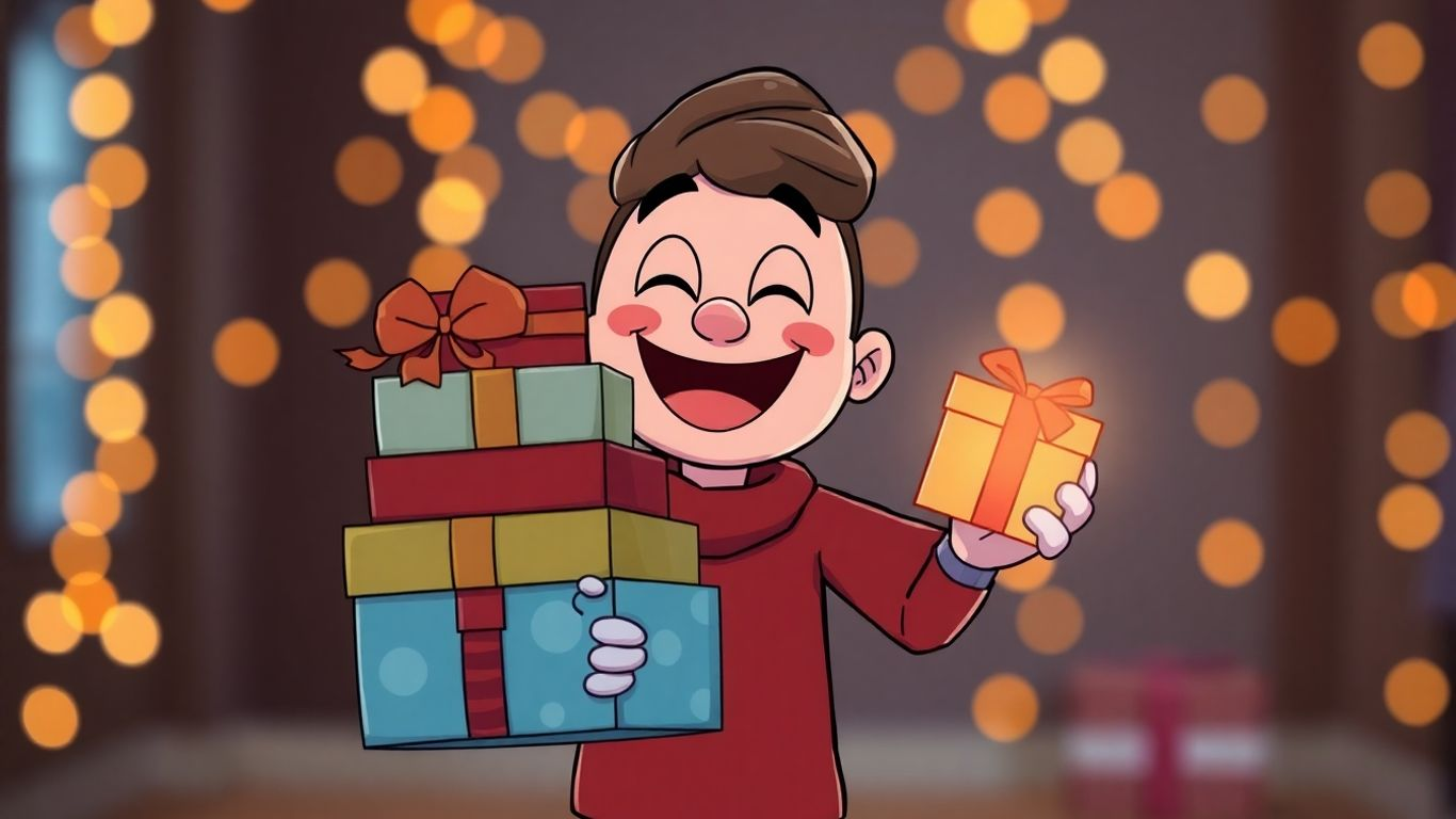 Cartoon character with Christmas gifts and lights.