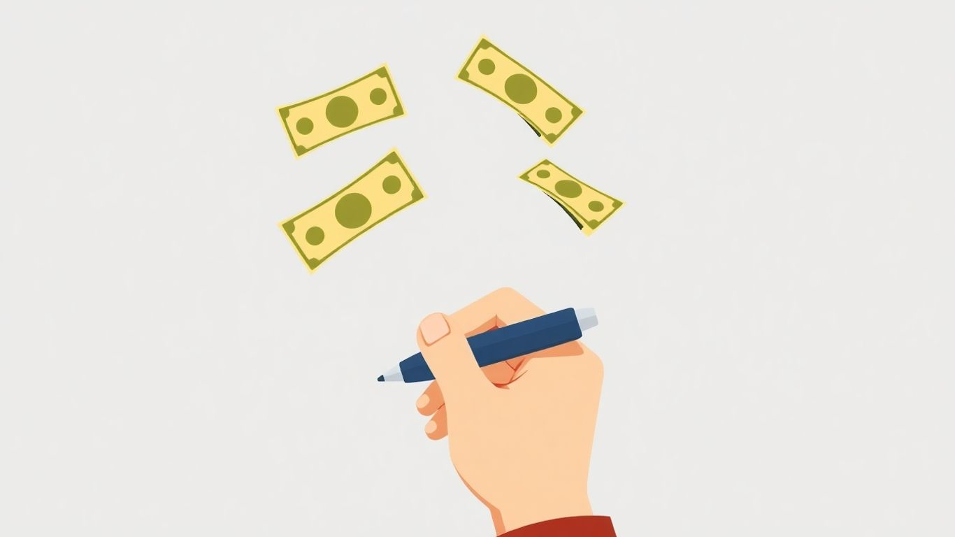 Cartoon hand signing a loan document with money.