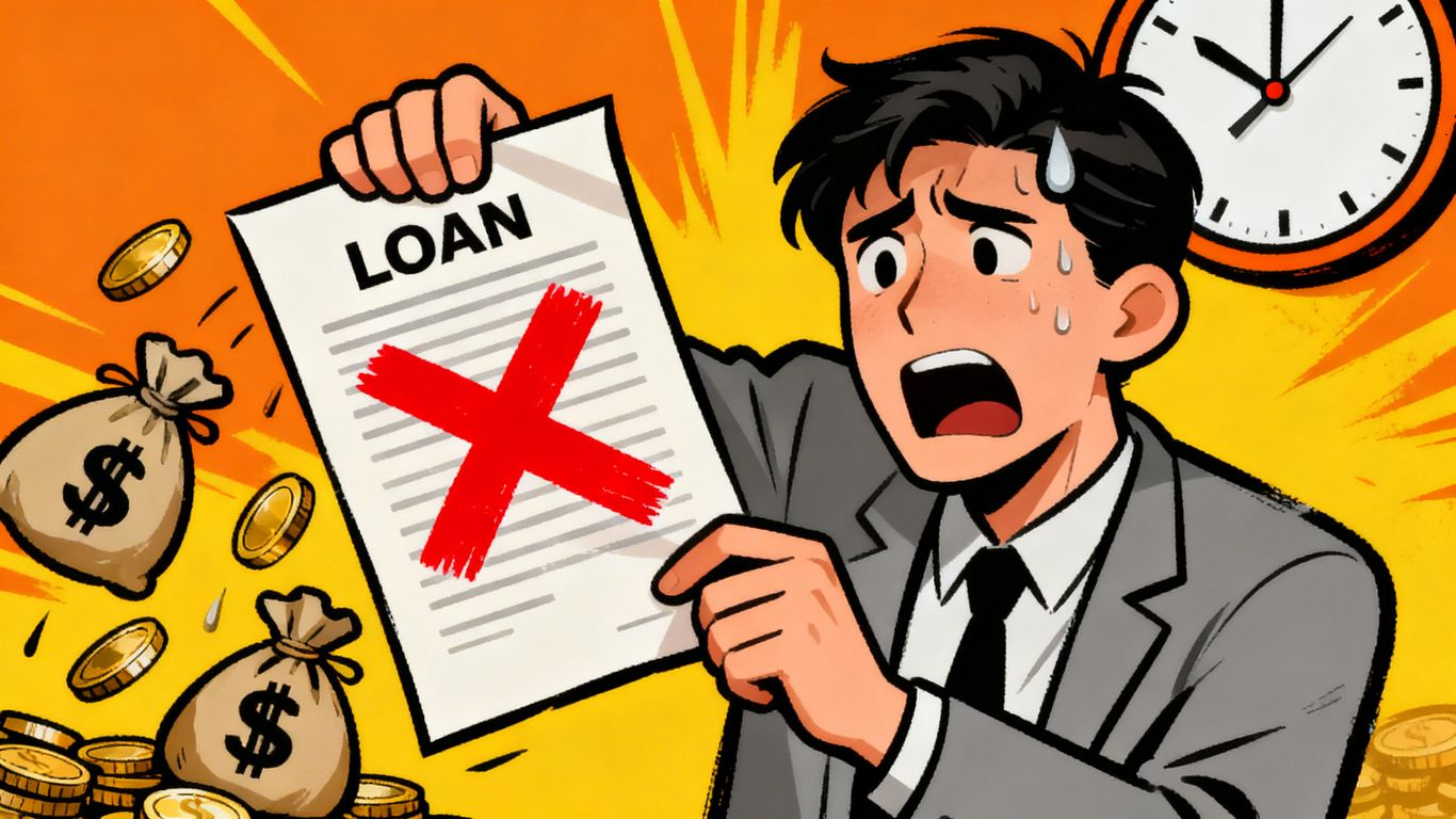 Cartoon of stressed person with loan document and falling money.