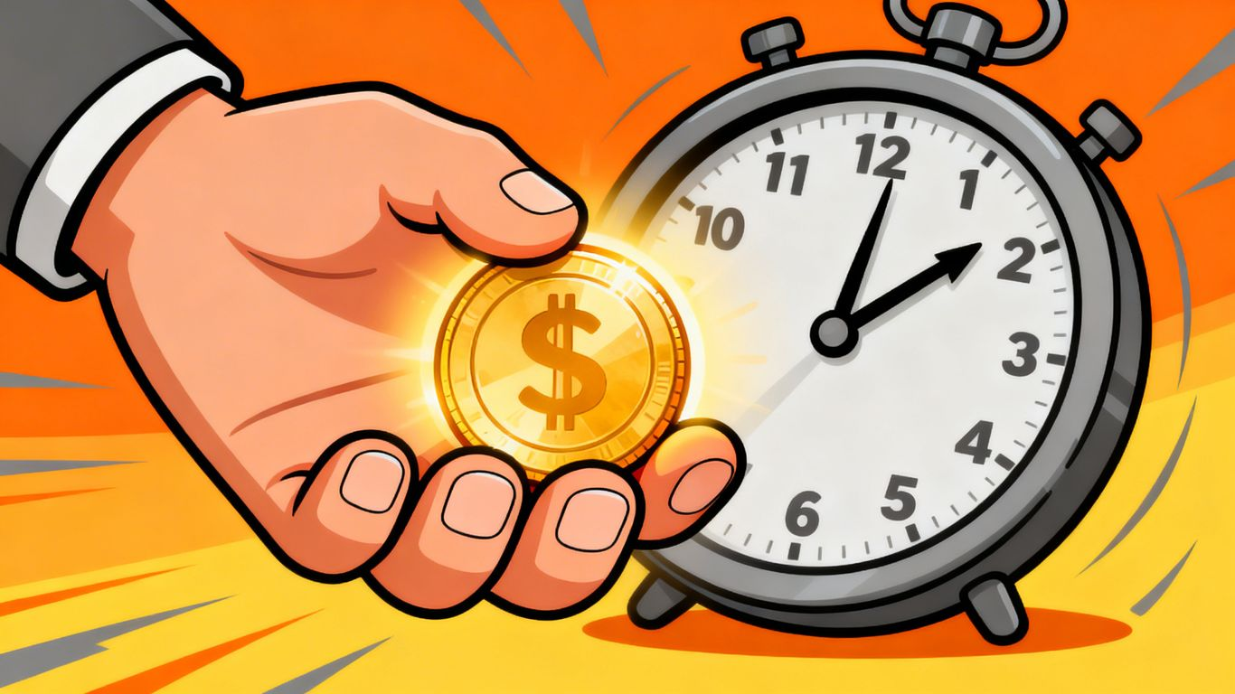 Cartoon hand holding glowing coin with clock background.