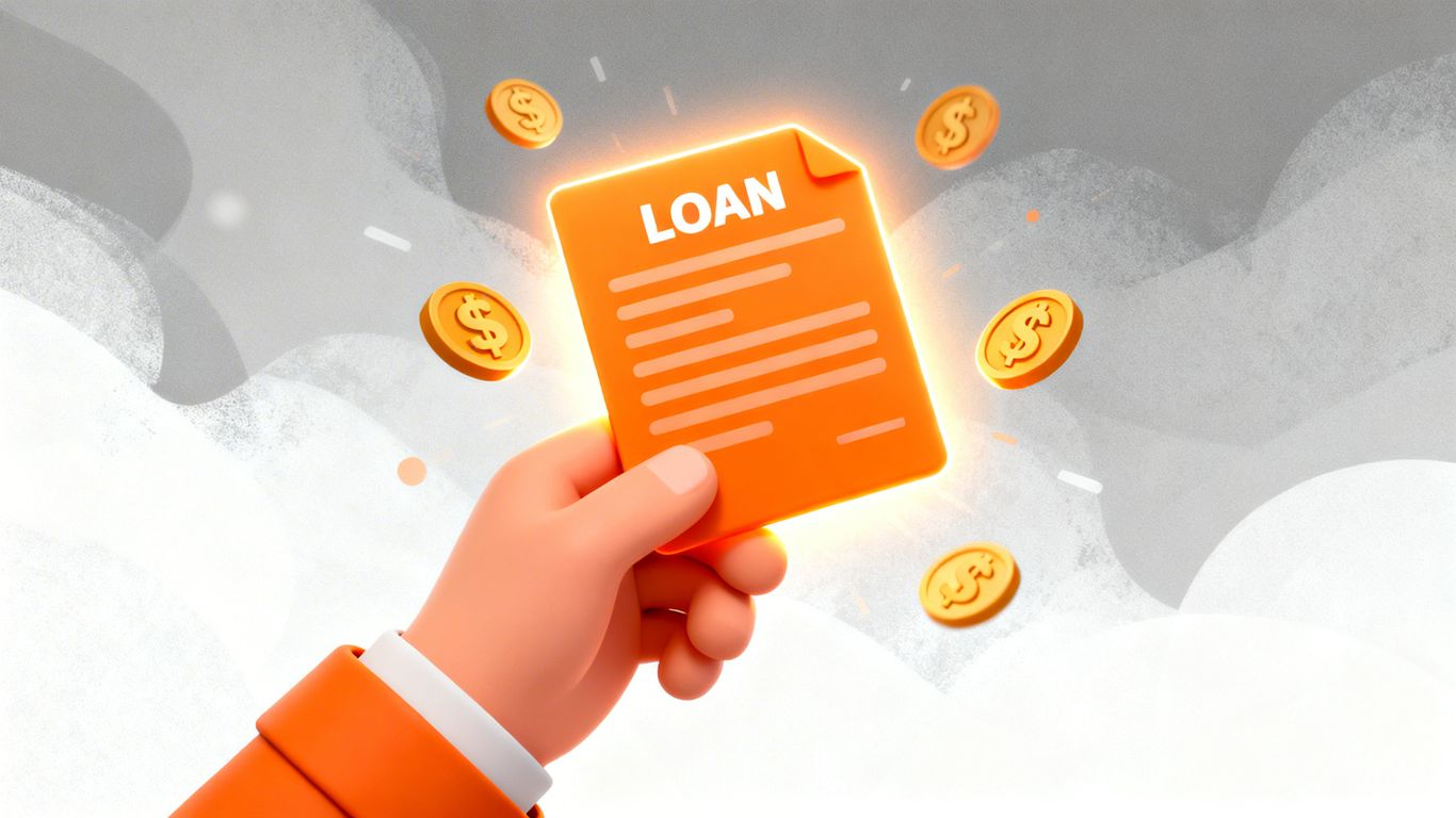 Cartoon hand holding glowing loan document with money symbols.