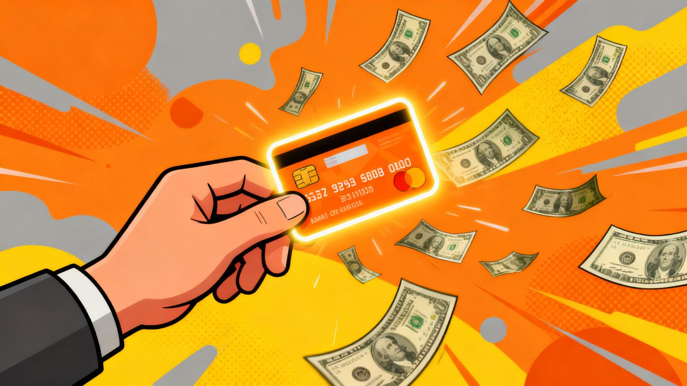 Hand holding credit card with money falling.