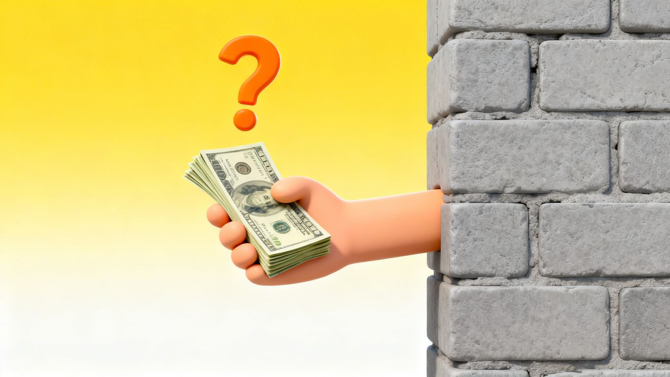 Cartoon hand with cash and question mark.