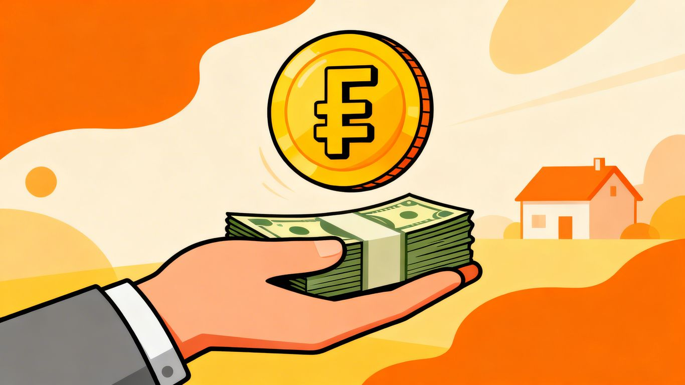Cartoon hand holding money with a fee symbol.