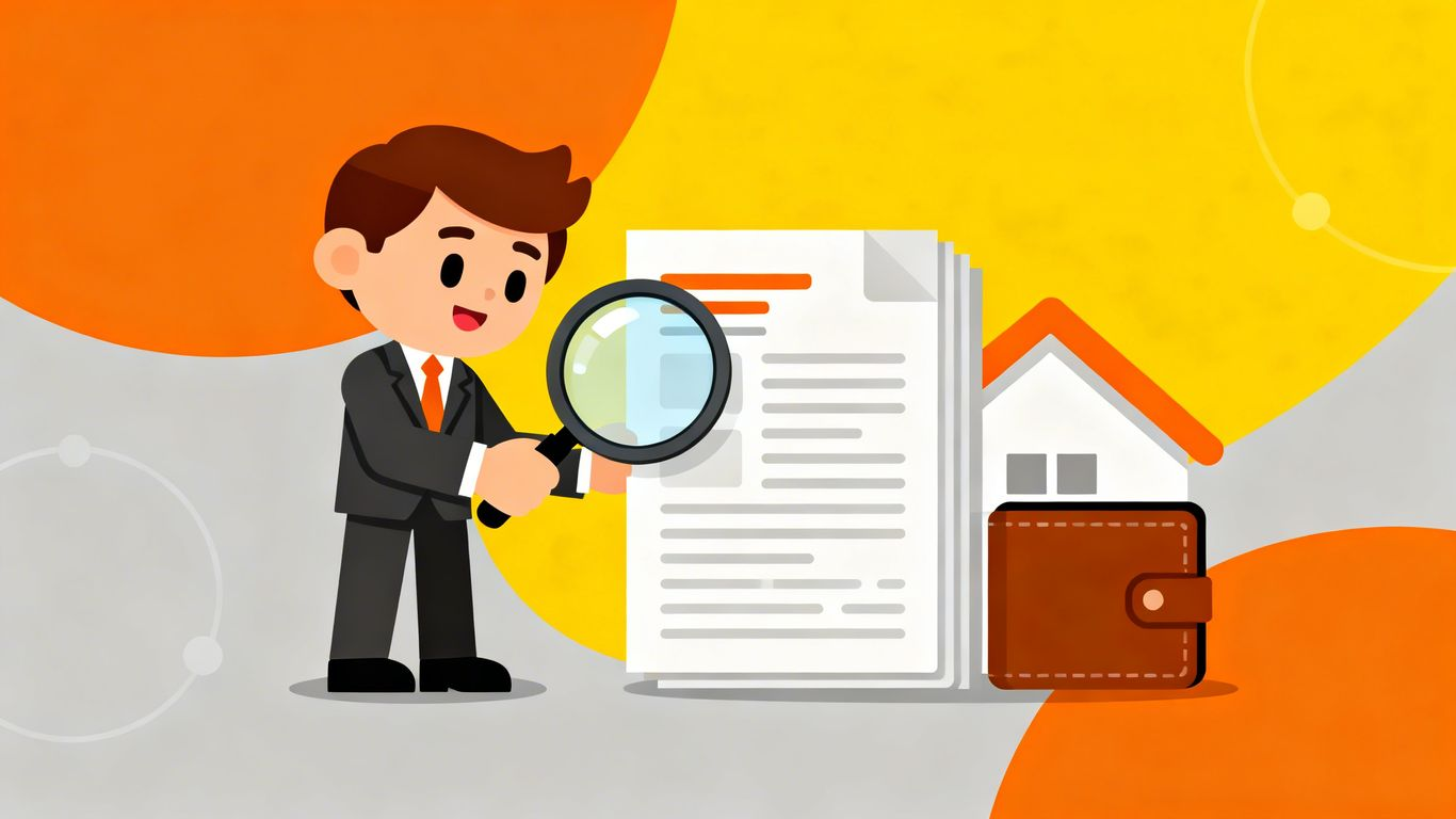 Lender reviewing loan documents with magnifying glass.