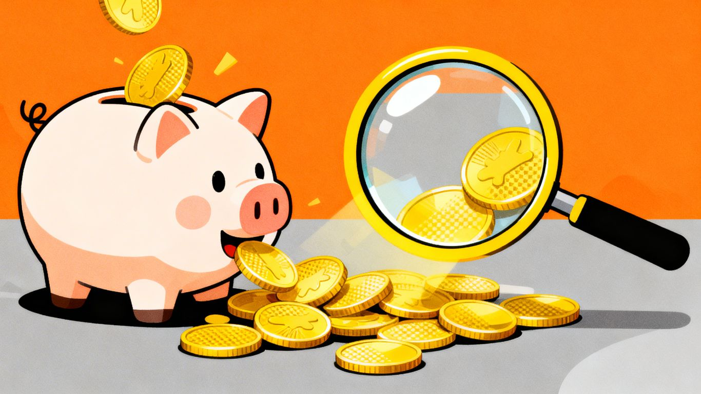 Cartoon piggy bank with coins and magnifying glass.